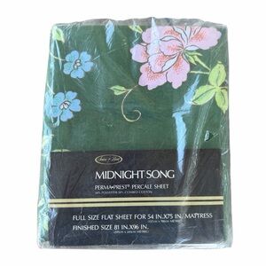 Vintage Sears Best Midnight Song Full Size Flat Sheet Green Floral Percale NOS